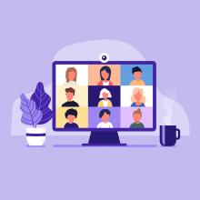紫色背景，电脑屏幕上有多人在进行视频会议，电脑两侧放着咖啡和植物